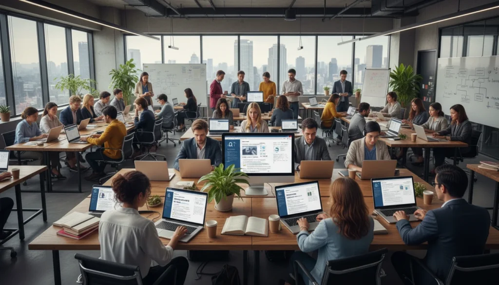 people using laptops with AI tools